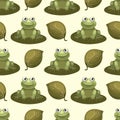 Seamless pattern, cute funny frogs and lily leaves on a gentle background.Children\'s print, background, textile