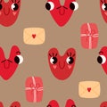 Seamless pattern with cute funny heart faces and gifs and mails in trendy style. Cool romantic print. Modern vector