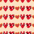 Seamless pattern with cute funny heart faces and pizza in trendy style. Cool romantic print. Modern vector illustration.