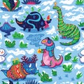 Seamless pattern with cute funny holiday dinosaurs in sweaters, hats and scarves.