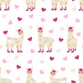 Seamless pattern of cute funny llamas in pink glasses with hearts on white background. Perfect for kids design, fabric, packaging