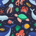 Seamless pattern with cute funny marine animals or happy underwater creatures living in sea. Ocean fauna. Flat cartoon Royalty Free Stock Photo