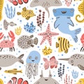 Seamless pattern with cute funny marine animals or underwater creatures on white background. Backdrop with happy sea and Royalty Free Stock Photo