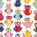 Seamless pattern with cute funny owls or owlets on white background. Childish backdrop with intelligent forest birds Royalty Free Stock Photo