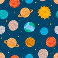 Seamless pattern. Cute and funny planet laughing and smiling. Vector illustration with the solar system, planets and