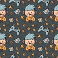 Seamless pattern with cute gamer