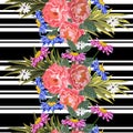 Seamless pattern with cute garden flowers on striped background. Royalty Free Stock Photo