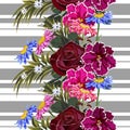 Seamless pattern with cute garden flowers on striped background. Royalty Free Stock Photo
