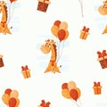 Seamless pattern with cute giraffe in birthday hat with balloons on white background with gifts. Vector illustration for Royalty Free Stock Photo