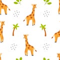 Seamless pattern with cute giraffe and palm tree on a white background. Vector childish illustration Royalty Free Stock Photo