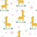 Seamless pattern with cute giraffe on a scooter. Kids print. Vector hand drawn illustration