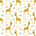 Seamless pattern with cute giraffes and doodle elements on a white background. Hand drawn vector illustration