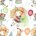 Seamless pattern with cute girl with balloons and birthday gifts. Watercolors and graphics in Doodle style. Vector