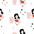 Seamless pattern with cute girl with big red heart hugging herself on white background. Vector illustration in hand Royalty Free Stock Photo