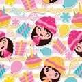 Seamless pattern of cute girl, birthday cake and gift on striped background cartoon illustration for Birthday wrapping pape Royalty Free Stock Photo