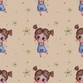 Seamless pattern. cute girl catches funny star on beige background with stars. Watercolor. Beautiful Childrens