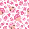 Seamless pattern of cute girl, cupcake, and padlock cartoon illustration for Valentine wrapping paper