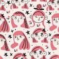 Seamless pattern cute girlish faces with different emotions. Ideal for children interiors, banners and posters. Vector Royalty Free Stock Photo