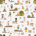 Seamless pattern. Cute girls and boys in various poses gardening plants, weed beds, watering seedlings, pruning bushes and trees,