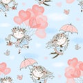 Seamless Pattern With Cute Girls Flying On Balloons And Umbrellas. Vector