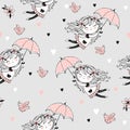 Seamless Pattern With Cute Girls Flying On Umbrellas. Vector