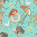 Seamless pattern with cute girls relaxing on the beach