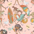 Seamless pattern with cute girls relaxing on the beach
