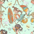 Seamless pattern with cute girls relaxing on the beach.