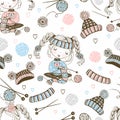 Seamless pattern with cute girls who are engaged in needlework knit scarves and hats. Vector Royalty Free Stock Photo