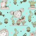 Seamless pattern with cute girls who grow cacti. Vector