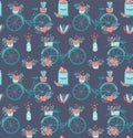 Seamless pattern with cute girly bike. Romantic bouquets of flowers in basket and love mail letters in mailbox. Cute