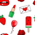 Seamless pattern with cute girly red stickers, lips and strawberry on white background. Vector