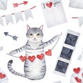 Seamless pattern with cute gray kitten character and `I Love You` symbols. Royalty Free Stock Photo