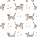 Seamless pattern, cute gray striped cats and leaves. Children\'s print, textile, kids bedroom decor, cover.