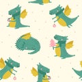 Seamless pattern with cute green dragon. Christmas pattern. Vector illustrations