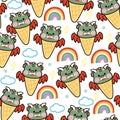 Seamless pattern of cute green dragon ice cream with rainbow and cloud on white background Royalty Free Stock Photo