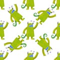 Seamless pattern cute green monsters. Kids graphic illustration. Wallpaper, wrapping paper. Graphic design element. Cartoon style