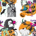 Seamless pattern with cute Halloween creatures and items on white background - Jack-o`-lantern, candies, black cat witch spider Royalty Free Stock Photo