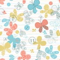 Seamless pattern with cute hand drawn butterflies and buttons.