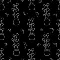 Seamless pattern with cute hand-drawn cacti black background