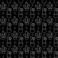 Seamless pattern with cute hand-drawn cacti black background