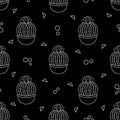 Seamless pattern with cute hand-drawn cacti black background