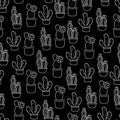 Seamless pattern with cute hand-drawn cacti black background