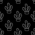 Seamless pattern with cute hand-drawn cacti black background