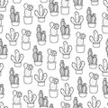 Seamless pattern with cute hand-drawn cacti white background