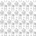 Seamless pattern with cute hand-drawn cacti white background