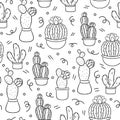 Seamless pattern with cute hand-drawn cacti white background