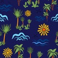 Seamless pattern. Cute hand drawn cartoon palm trees waves and sun. Vector illustration in the style of doodle. Royalty Free Stock Photo