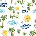 Seamless pattern. Cute hand drawn cartoon palm trees waves and sun. Vector illustration in the style of doodle. Royalty Free Stock Photo