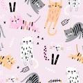 Seamless pattern with cute hand drawn cats. Creative cartoon kittens texture. Vector illustration
